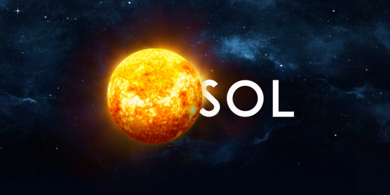 Solana (SOL) cryptocurrency symbol with digital background