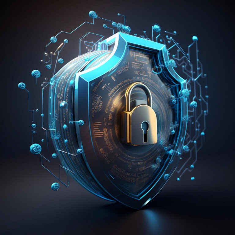 Illustration depicting cybersecurity concept with a shield and lock icon